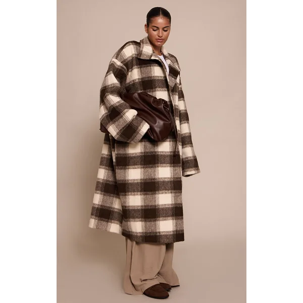 Marron Manteau Long Grande Taille Col Montant À Carreaux Aspect Laine