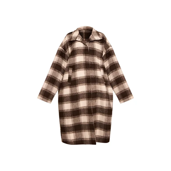 Marron Manteau Long Grande Taille Col Montant À Carreaux Aspect Laine