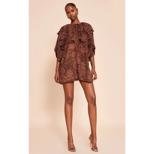 Marron Robe Ample À Volants Imprimé Synthétique