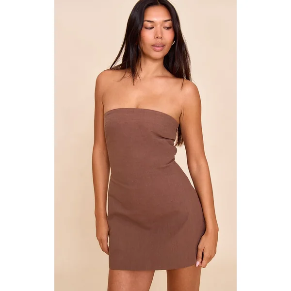 Marron Robe Droite Ample Bustier Aspect Lin