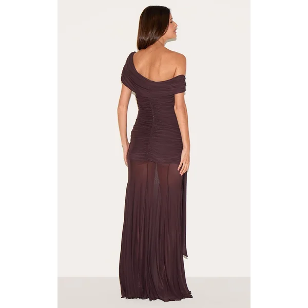 Marron Robe Longue Bardot En Mesh Doublée