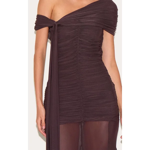 Marron Robe Longue Bardot En Mesh Doublée