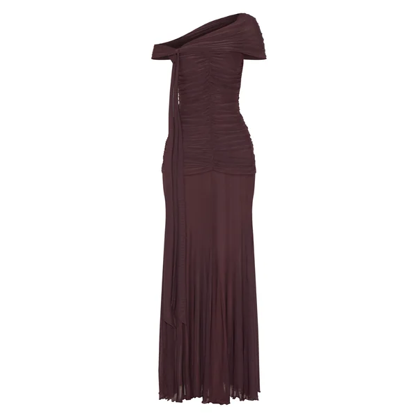 Marron Robe Longue Bardot En Mesh Doublée