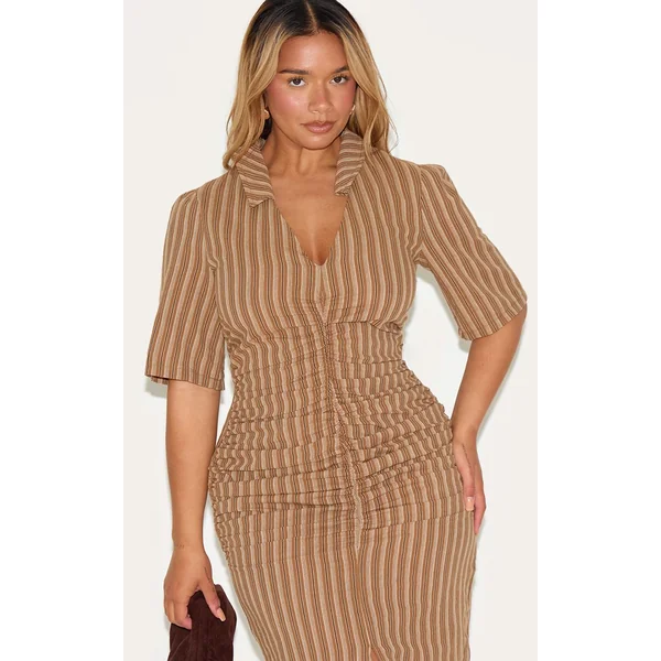 Marron Robe Maxi Shape À Rayures Avec Fronces Devant Col Et Fente Frontale