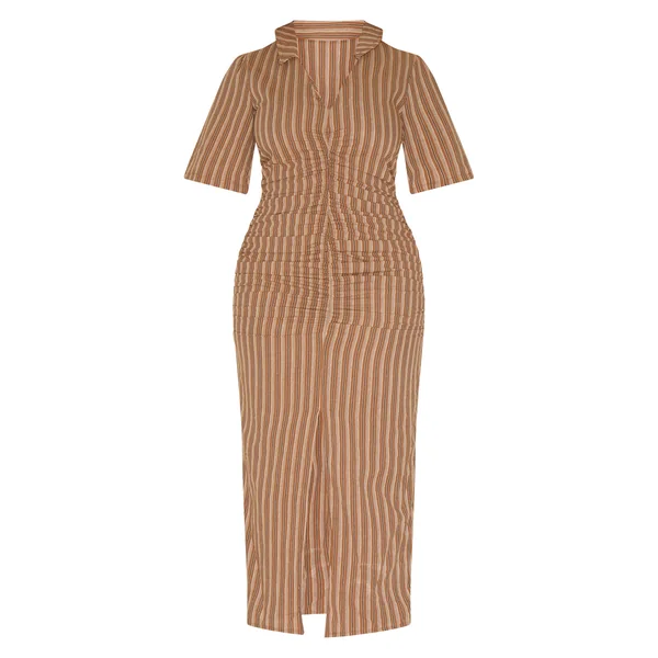 Marron Robe Maxi Shape À Rayures Avec Fronces Devant Col Et Fente Frontale