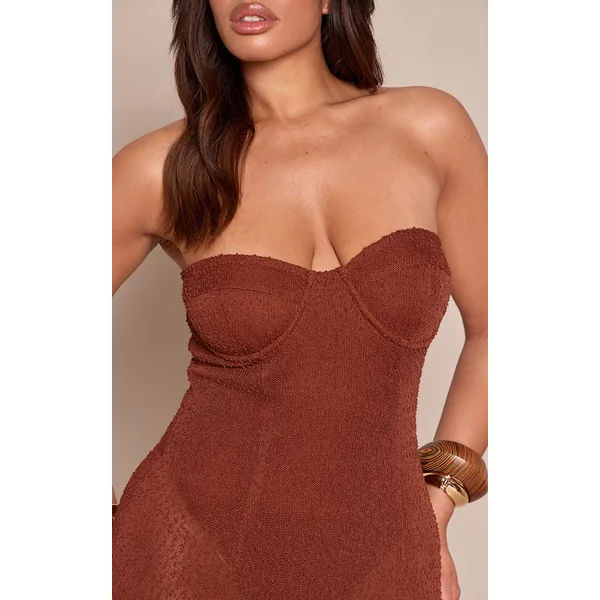 Marron Robe Moulante En Maille Ajourée Chocolat