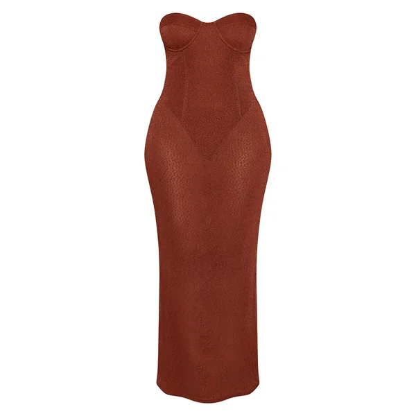 Marron Robe Moulante En Maille Ajourée Chocolat