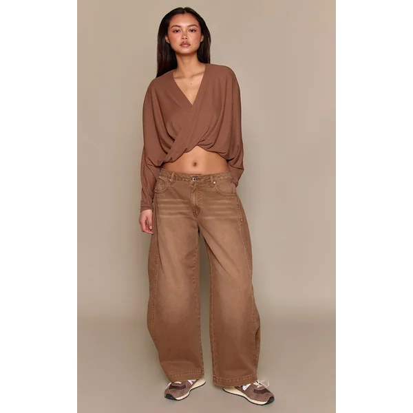 Marron Top Manches Longues Slouchy En Mesh Dévoré Marron Avec Torsade Devant