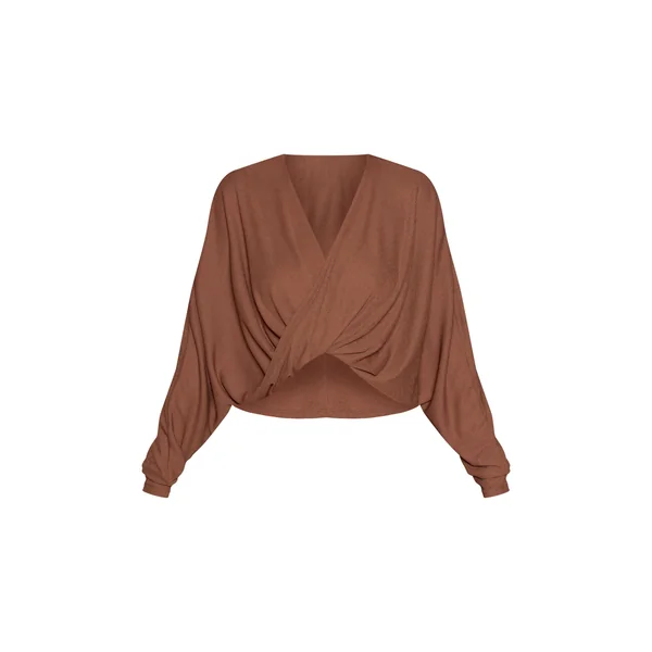 Marron Top Manches Longues Slouchy En Mesh Dévoré Marron Avec Torsade Devant