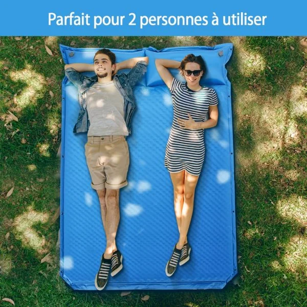 Matelas de Camping Autogonflant 2 Personnes avec 2 Oreillers 187x131x4 CM et Sac Portable en PVC Imperméable pour Randonnées Bleu