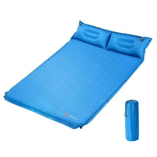 Matelas de Camping Autogonflant 2 Personnes avec 2 Oreillers 187x131x4 CM et Sac Portable en PVC Imperméable pour Randonnées Bleu