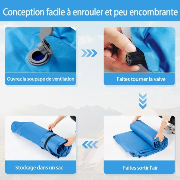 Matelas de Camping Autogonflant 2 Personnes avec 2 Oreillers 187x131x4 CM et Sac Portable en PVC Imperméable pour Randonnées Bleu