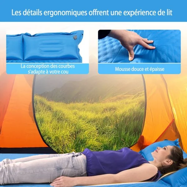 Matelas de Camping Autogonflant 2 Personnes avec 2 Oreillers 187x131x4 CM et Sac Portable en PVC Imperméable pour Randonnées Bleu