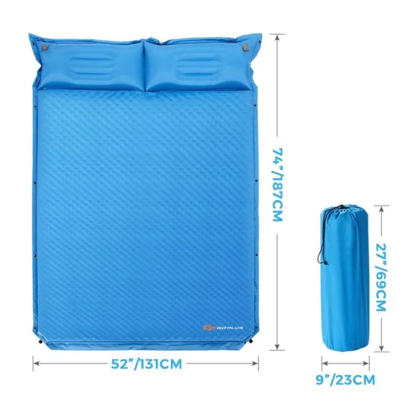 Matelas de Camping Autogonflant 2 Personnes avec 2 Oreillers 187x131x4 CM et Sac Portable en PVC Imperméable pour Randonnées Bleu