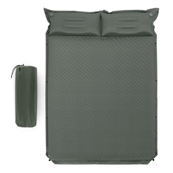 Matelas de Camping Autogonflant 2 Personnes avec 2 Oreillers 187x131x4 CM et Sac Portable en PVC Imperméable pour Randonnées Vert