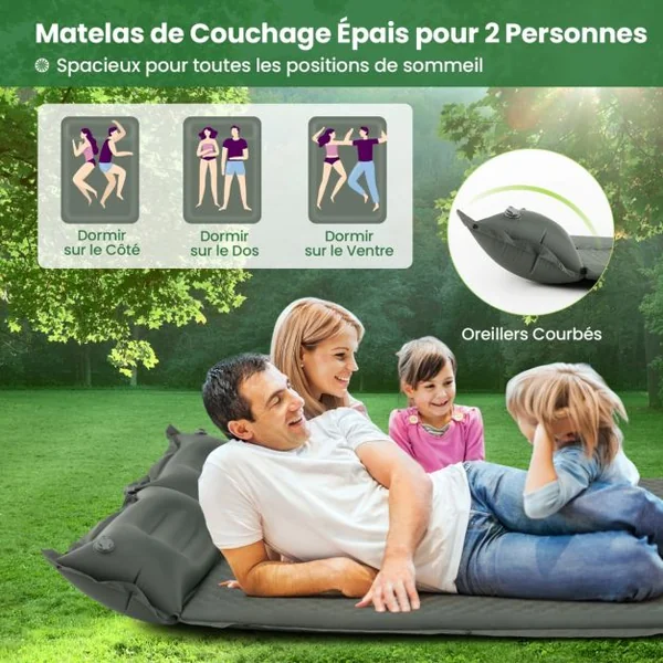 Matelas de Camping Autogonflant 2 Personnes avec 2 Oreillers 187x131x4 CM et Sac Portable en PVC Imperméable pour Randonnées Vert