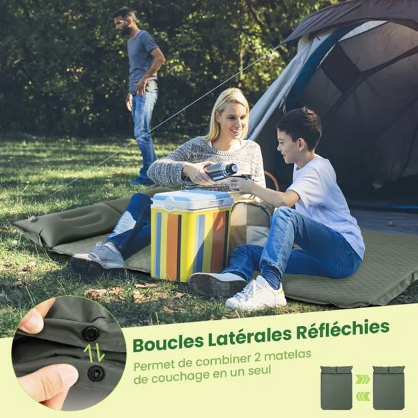 Matelas de Camping Autogonflant 2 Personnes avec 2 Oreillers 187x131x4 CM et Sac Portable en PVC Imperméable pour Randonnées Vert