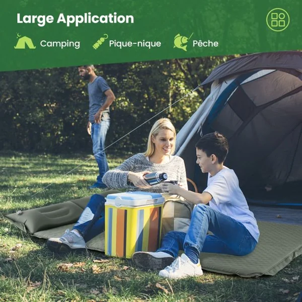 Matelas de Camping Autogonflant 2 Personnes avec 2 Oreillers 187x131x4 CM et Sac Portable en PVC Imperméable pour Randonnées Vert