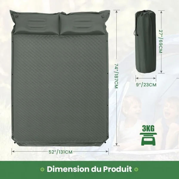 Matelas de Camping Autogonflant 2 Personnes avec 2 Oreillers 187x131x4 CM et Sac Portable en PVC Imperméable pour Randonnées Vert
