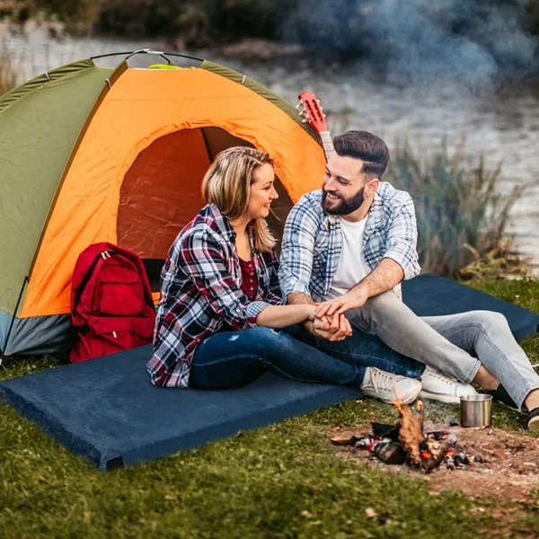 Matelas de Camping avec Mousse à Mémoire de Forme Étanche pas de Gonflage Sac de Rangement Portatif 183 x 62,5 x 6,5 cm Bleu/Gris