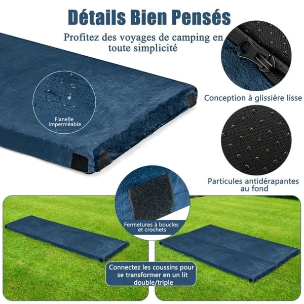 Matelas de Camping avec Mousse à Mémoire de Forme Étanche pas de Gonflage Sac de Rangement Portatif 183 x 62,5 x 6,5 cm Bleu/Gris