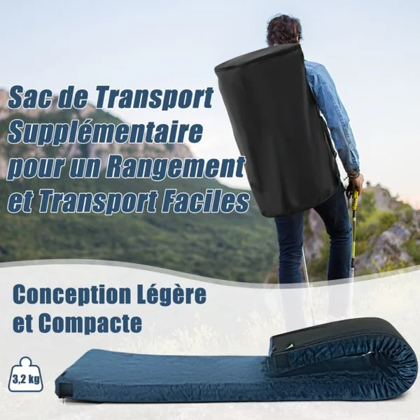 Matelas de Camping avec Mousse à Mémoire de Forme Étanche pas de Gonflage Sac de Rangement Portatif 183 x 62,5 x 6,5 cm Bleu/Gris