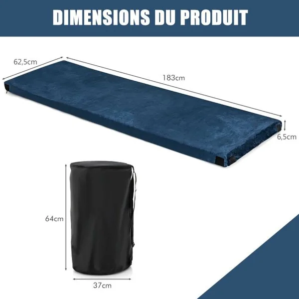 Matelas de Camping avec Mousse à Mémoire de Forme Étanche pas de Gonflage Sac de Rangement Portatif 183 x 62,5 x 6,5 cm Bleu/Gris