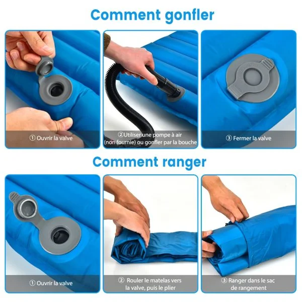 Matelas de Camping Gonflable de 7 cm d'Épaisseur Matelas de Couchage Imperméable et léger pour Voyages Randonnée Charge 100KG 197 x 63 x 7,5 cm Bleu