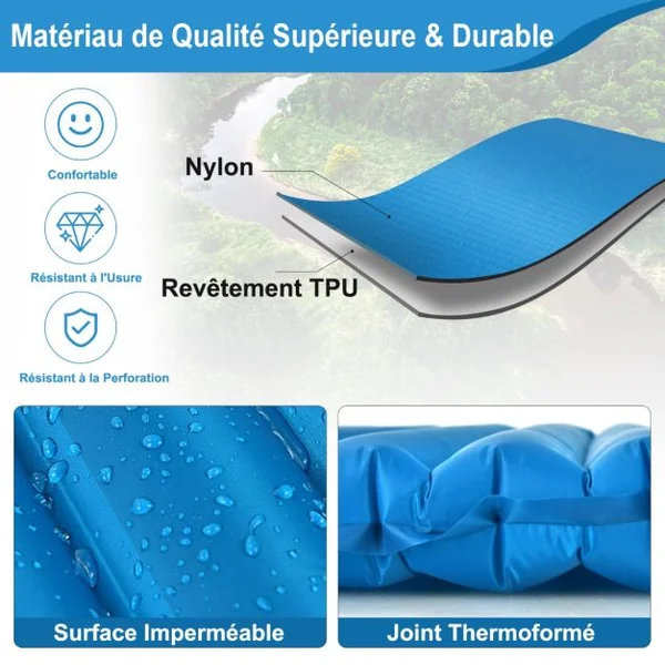Matelas de Camping Gonflable de 7 cm d'Épaisseur Matelas de Couchage Imperméable et léger pour Voyages Randonnée Charge 100KG 197 x 63 x 7,5 cm Bleu