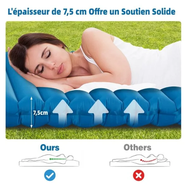 Matelas de Camping Gonflable de 7 cm d'Épaisseur Matelas de Couchage Imperméable et léger pour Voyages Randonnée Charge 100KG 197 x 63 x 7,5 cm Bleu