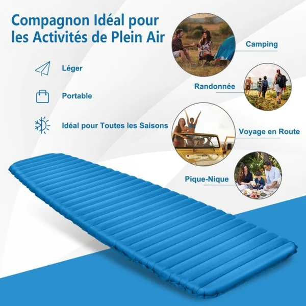 Matelas de Camping Gonflable de 7 cm d'Épaisseur Matelas de Couchage Imperméable et léger pour Voyages Randonnée Charge 100KG 197 x 63 x 7,5 cm Bleu