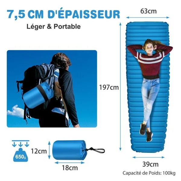 Matelas de Camping Gonflable de 7 cm d'Épaisseur Matelas de Couchage Imperméable et léger pour Voyages Randonnée Charge 100KG 197 x 63 x 7,5 cm Bleu