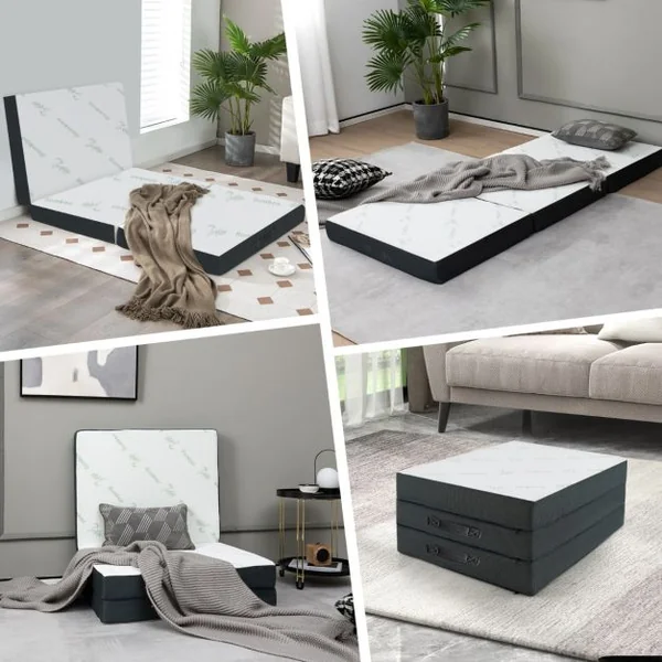 Matelas en Mousse Pliable en 3 Sections 80x193CM Matelas d'appoint Camping avec Poignée/Bande Velcro pour Chambre/Voyage/Gym