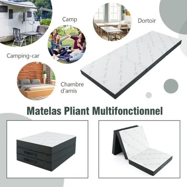 Matelas en Mousse Pliable en 3 Sections 80x193CM Matelas d'appoint Camping avec Poignée/Bande Velcro pour Chambre/Voyage/Gym