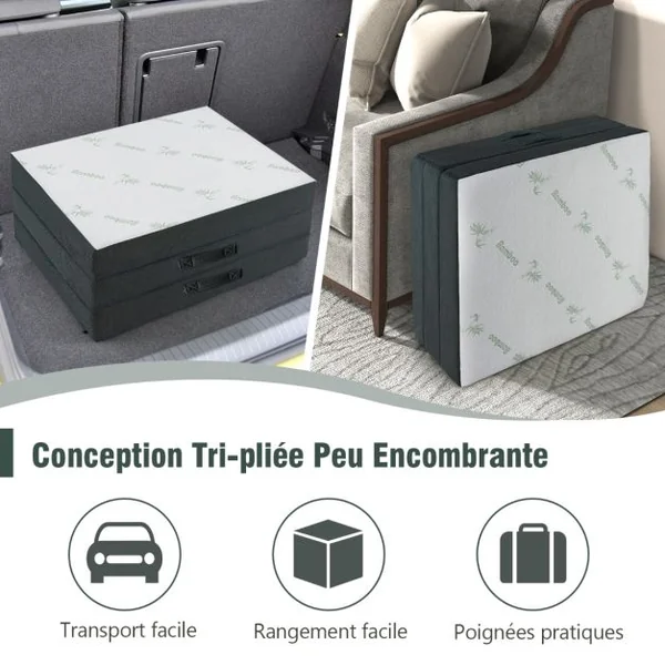 Matelas en Mousse Pliable en 3 Sections 80x193CM Matelas d'appoint Camping avec Poignée/Bande Velcro pour Chambre/Voyage/Gym
