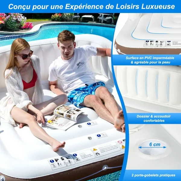 Matelas Gonflable Lounge avec Auvent Rétractable Charge 200KG Flotteur de Piscine à 2 Places avec 2 Porte-Gobelets UPF50+180x180x160CM