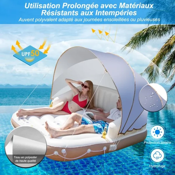 Matelas Gonflable Lounge avec Auvent Rétractable Charge 200KG Flotteur de Piscine à 2 Places avec 2 Porte-Gobelets UPF50+180x180x160CM
