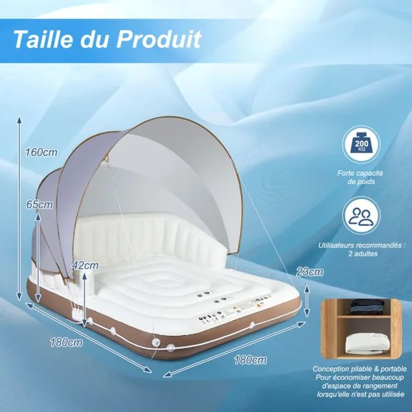Matelas Gonflable Lounge avec Auvent Rétractable Charge 200KG Flotteur de Piscine à 2 Places avec 2 Porte-Gobelets UPF50+180x180x160CM