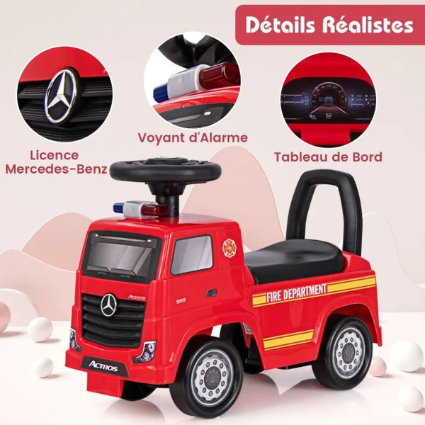 Mercedes-Benz Camion de Pompier Porteur Enfant avec Voyant d’Alarme Voiture à Pousser Bébé avec Musique Charge 23kg pour 2-6 Ans Rouge