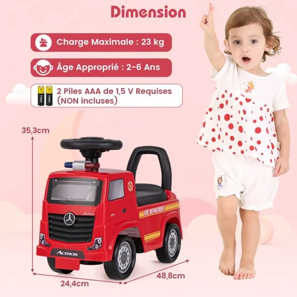 Mercedes-Benz Camion de Pompier Porteur Enfant avec Voyant d’Alarme Voiture à Pousser Bébé avec Musique Charge 23kg pour 2-6 Ans Rouge