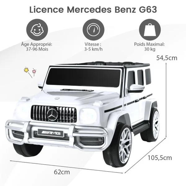 Mercedes-Benz G63 Voiture Électrique 12 V pour Enfants 2 Moteurs Vitesse Max 5 km/h Télécommande Lumières LED MP3 Blanc/Noir