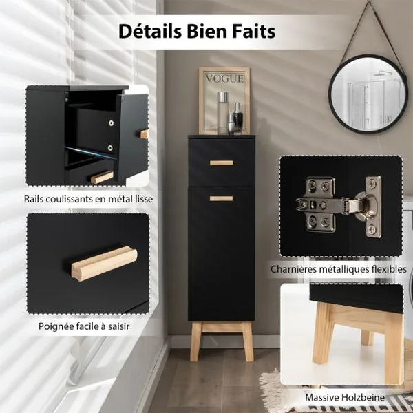 Meuble Autoportant de Salle de Bain en Colonne avec Tiroir Etagères Réglables style Moderne 30 x 30 x 102cm Noir