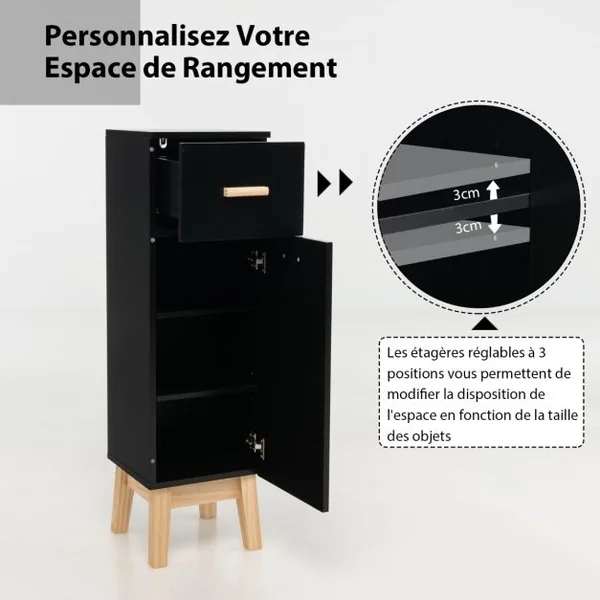 Meuble Autoportant de Salle de Bain en Colonne avec Tiroir Etagères Réglables style Moderne 30 x 30 x 102cm Noir