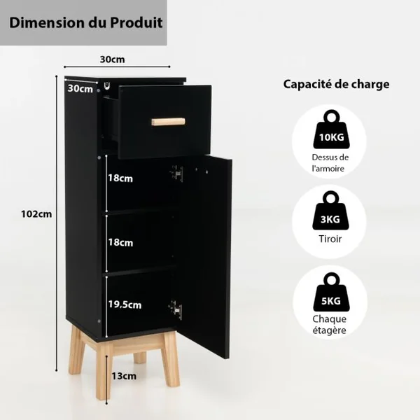 Meuble Autoportant de Salle de Bain en Colonne avec Tiroir Etagères Réglables style Moderne 30 x 30 x 102cm Noir