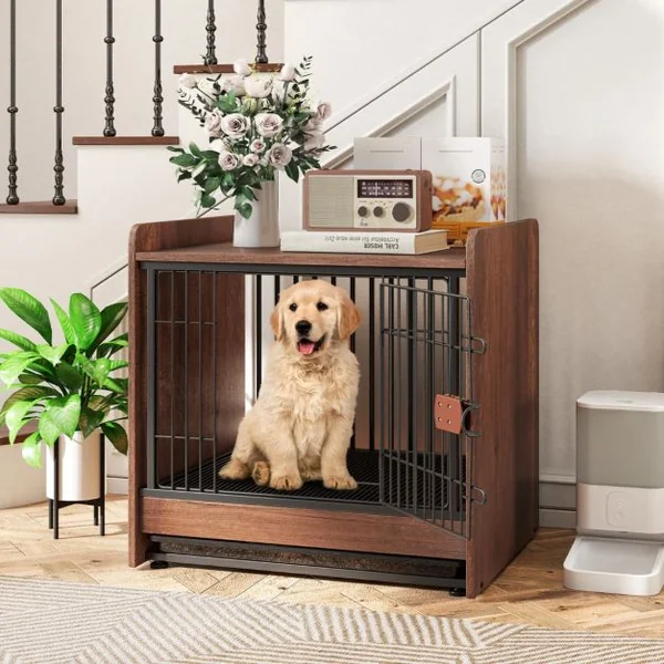 Meuble Cage pour Chien de Petite et Moyenne Taille Cage d'Intérieur pour Chien avec Plateau Amovible Porte Verrouillable Marron Rustique
