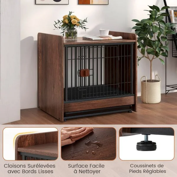 Meuble Cage pour Chien de Petite et Moyenne Taille Cage d'Intérieur pour Chien avec Plateau Amovible Porte Verrouillable Marron Rustique
