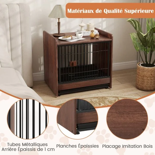 Meuble Cage pour Chien de Petite et Moyenne Taille Cage d'Intérieur pour Chien avec Plateau Amovible Porte Verrouillable Marron Rustique