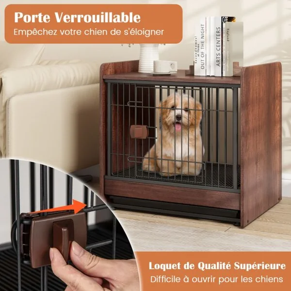 Meuble Cage pour Chien de Petite et Moyenne Taille Cage d'Intérieur pour Chien avec Plateau Amovible Porte Verrouillable Marron Rustique