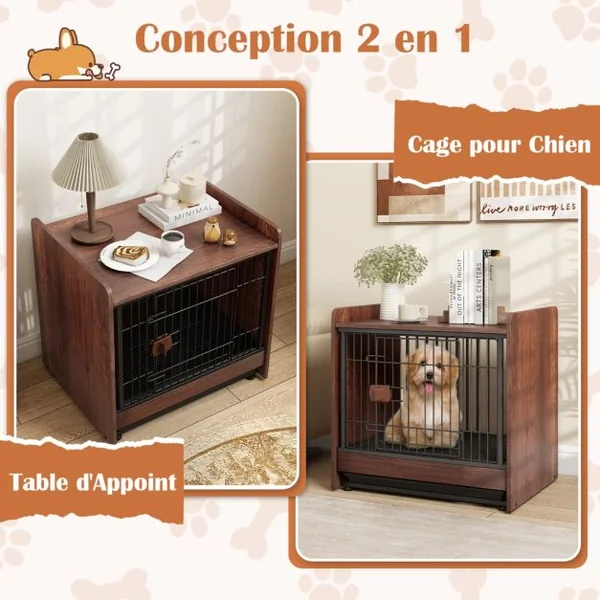 Meuble Cage pour Chien de Petite et Moyenne Taille Cage d'Intérieur pour Chien avec Plateau Amovible Porte Verrouillable Marron Rustique