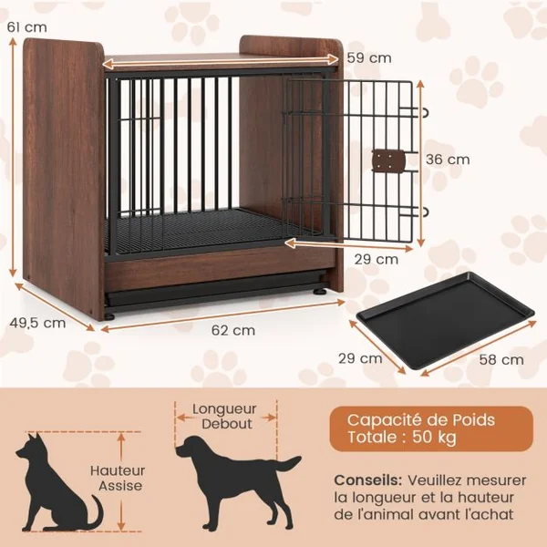 Meuble Cage pour Chien de Petite et Moyenne Taille Cage d'Intérieur pour Chien avec Plateau Amovible Porte Verrouillable Marron Rustique